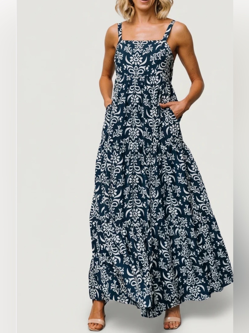 GORGEOUS Women's BALTIC BORN Navy Blue White Oceanside Tiered Maxi Dress Size XL